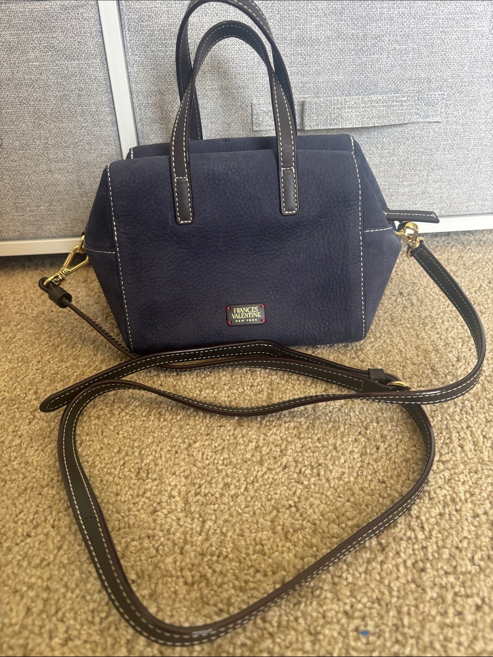 Frances Valentine Navy Leather Crossbody Satchel with Dark Brown Trim